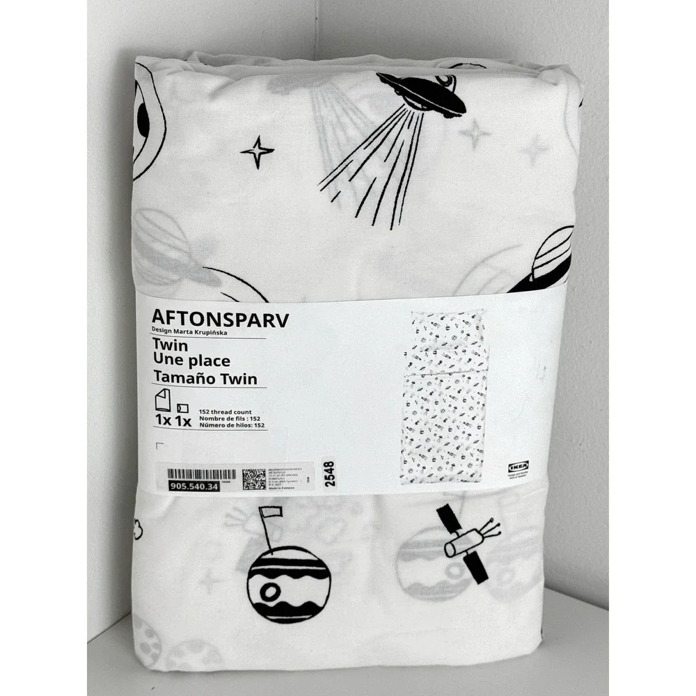 IKEA AFTONSPARV Twin Duvet Cover Set Space UFO Planet White Black 905.540.34 NEW